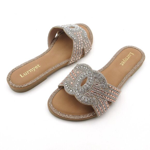 Lurnyet Women's Comfort Cushion Crystal Rhinestone Slide Flat Slip-On Sandals - Picture 4 of 6